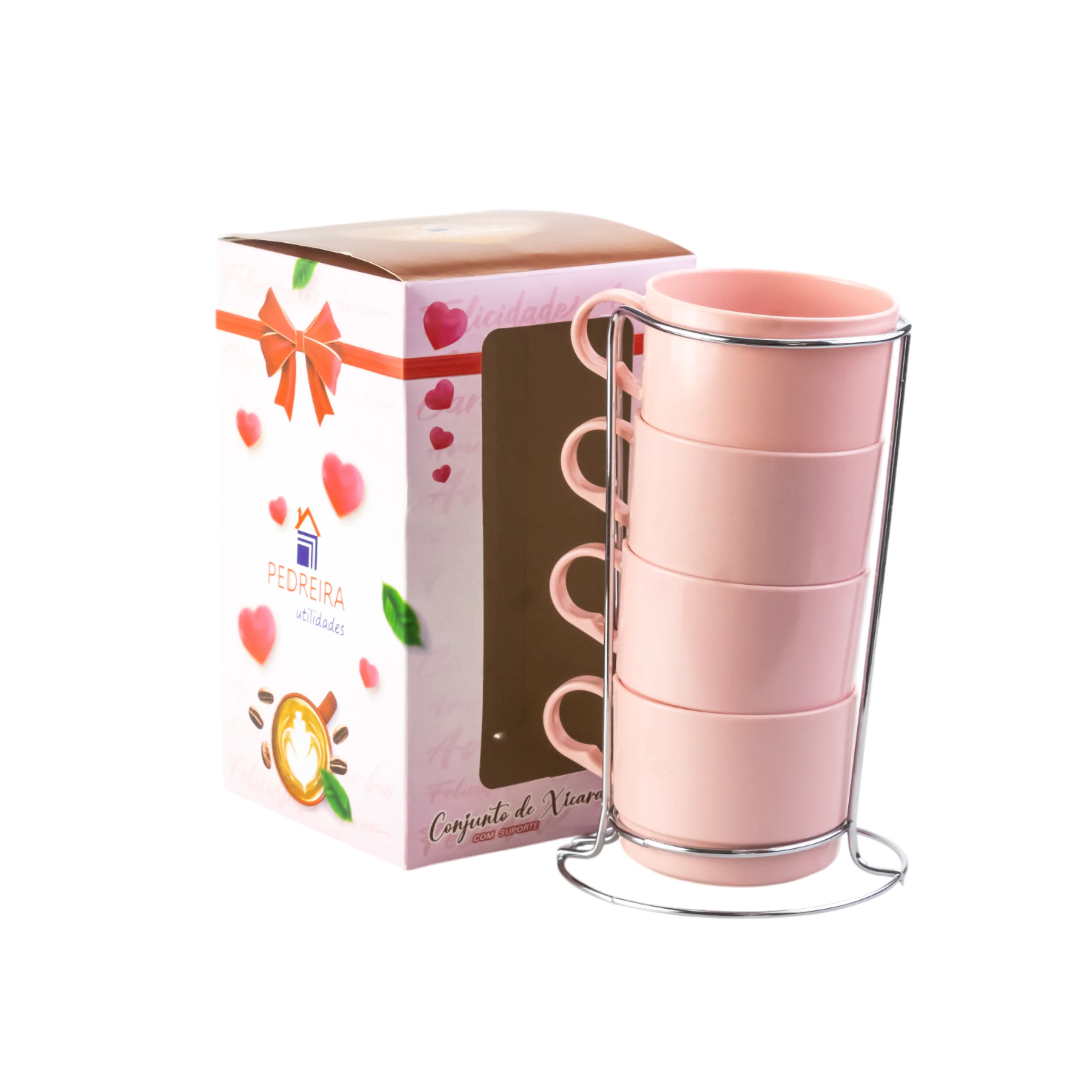 CONJUNTO 4 PEÇAS EMPILHÁVEIS 210ML C/ SUPORTE CROMADO