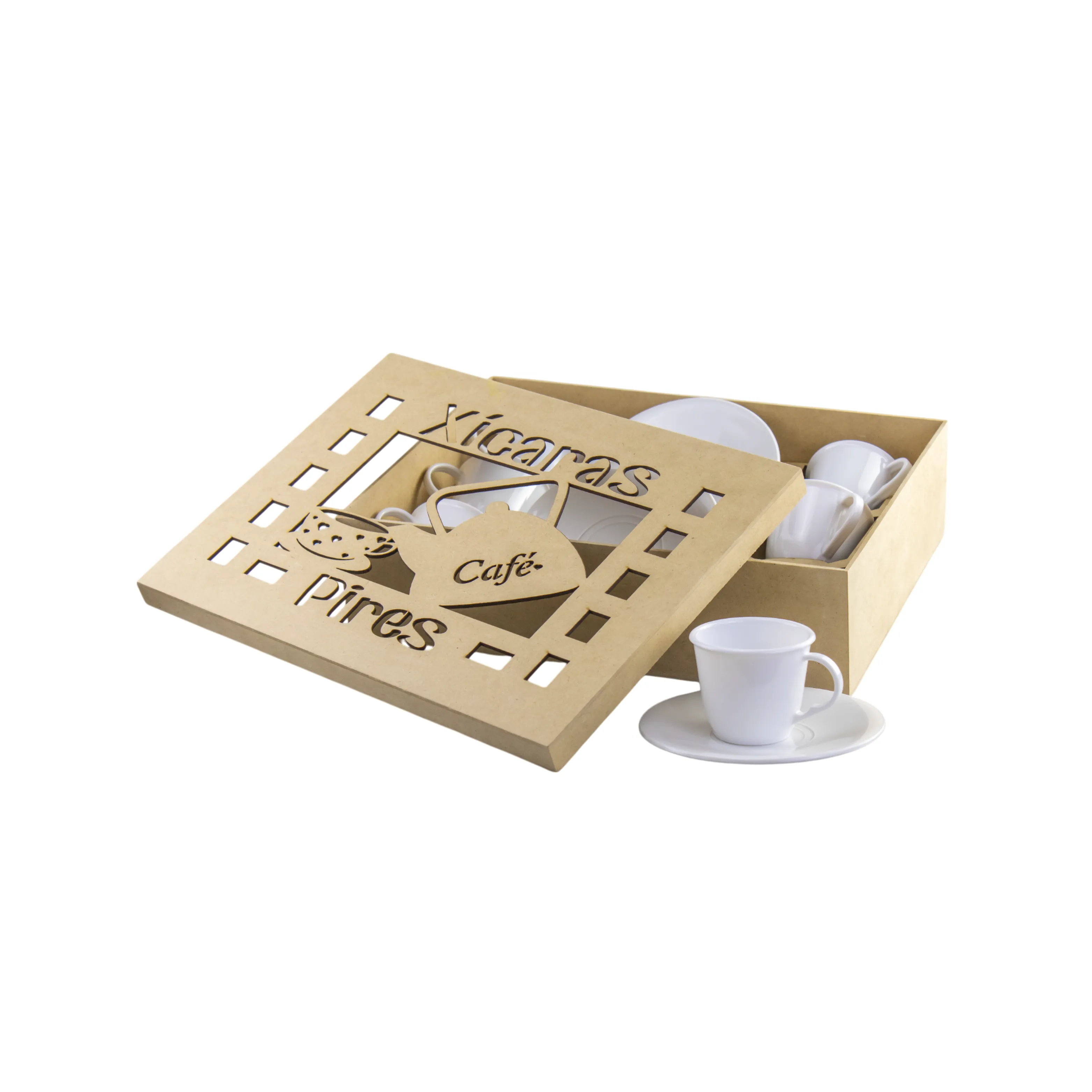 CAIXA MDF CRU COM JOGO DE 6 XÍCARAS 85ML COM PIRES