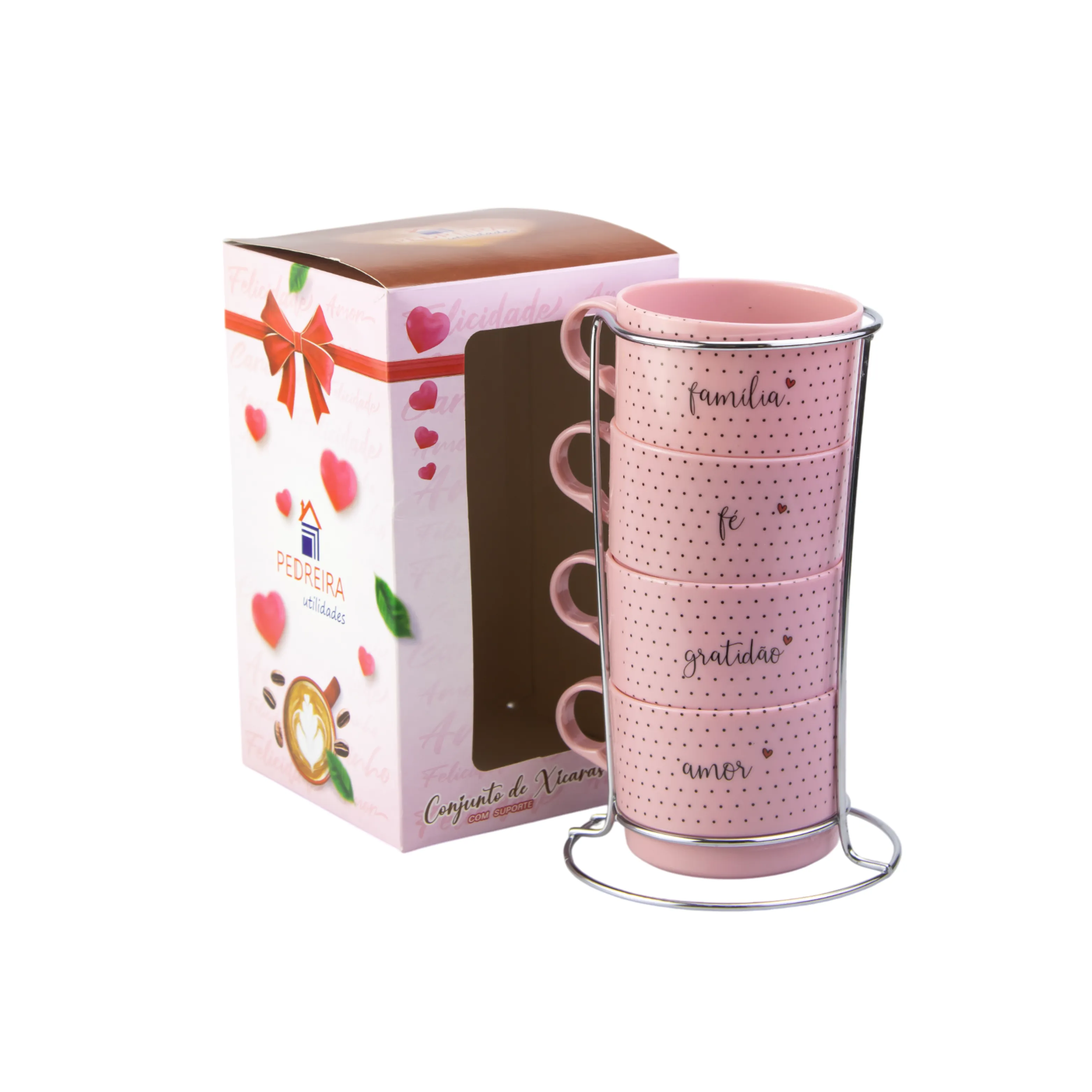 CONJUNTO 4 PEÇAS EMPILHÁVEIS 210ML C/ SUPORTE CROMADO - FRASES