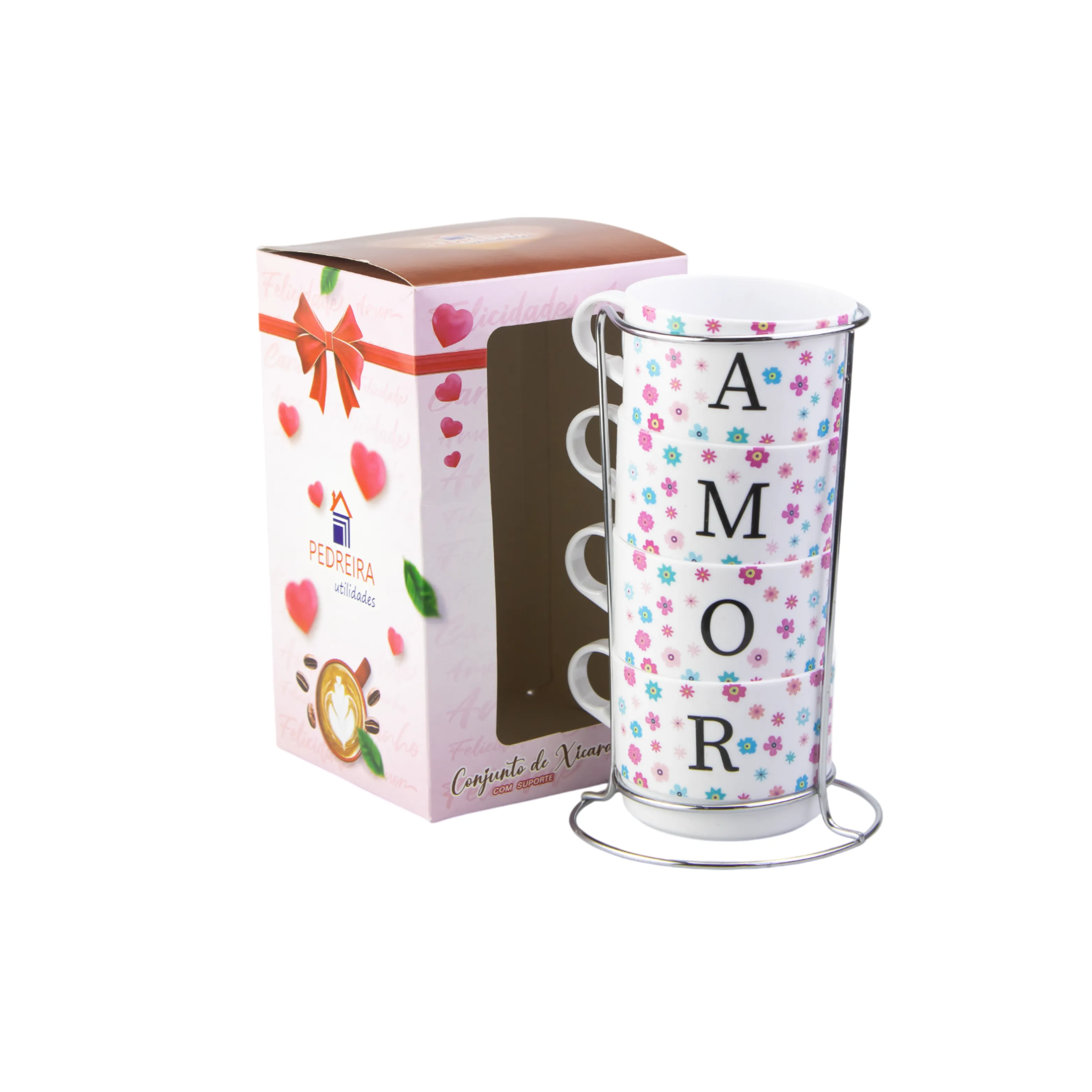 CONJUNTO 4 PEÇAS EMPILHÁVEIS 210ML C/ SUPORTE CROMADO - AMOR