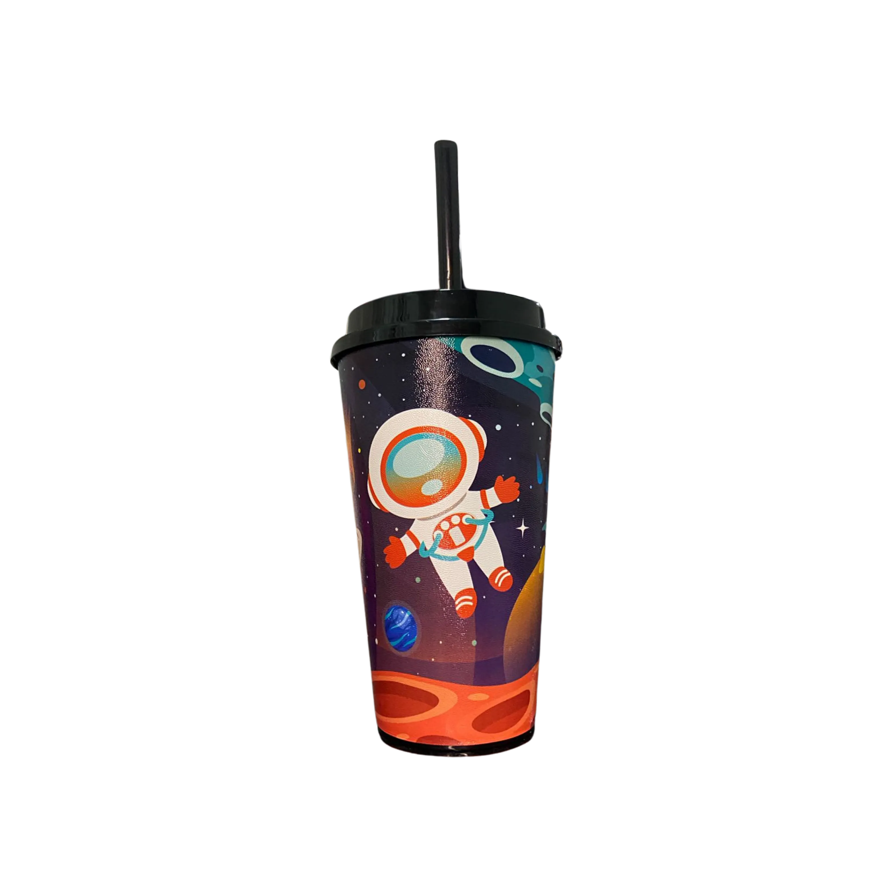 COPO DE PLASTICO DECORADO COM TAMPA E CANUDO - 600ML