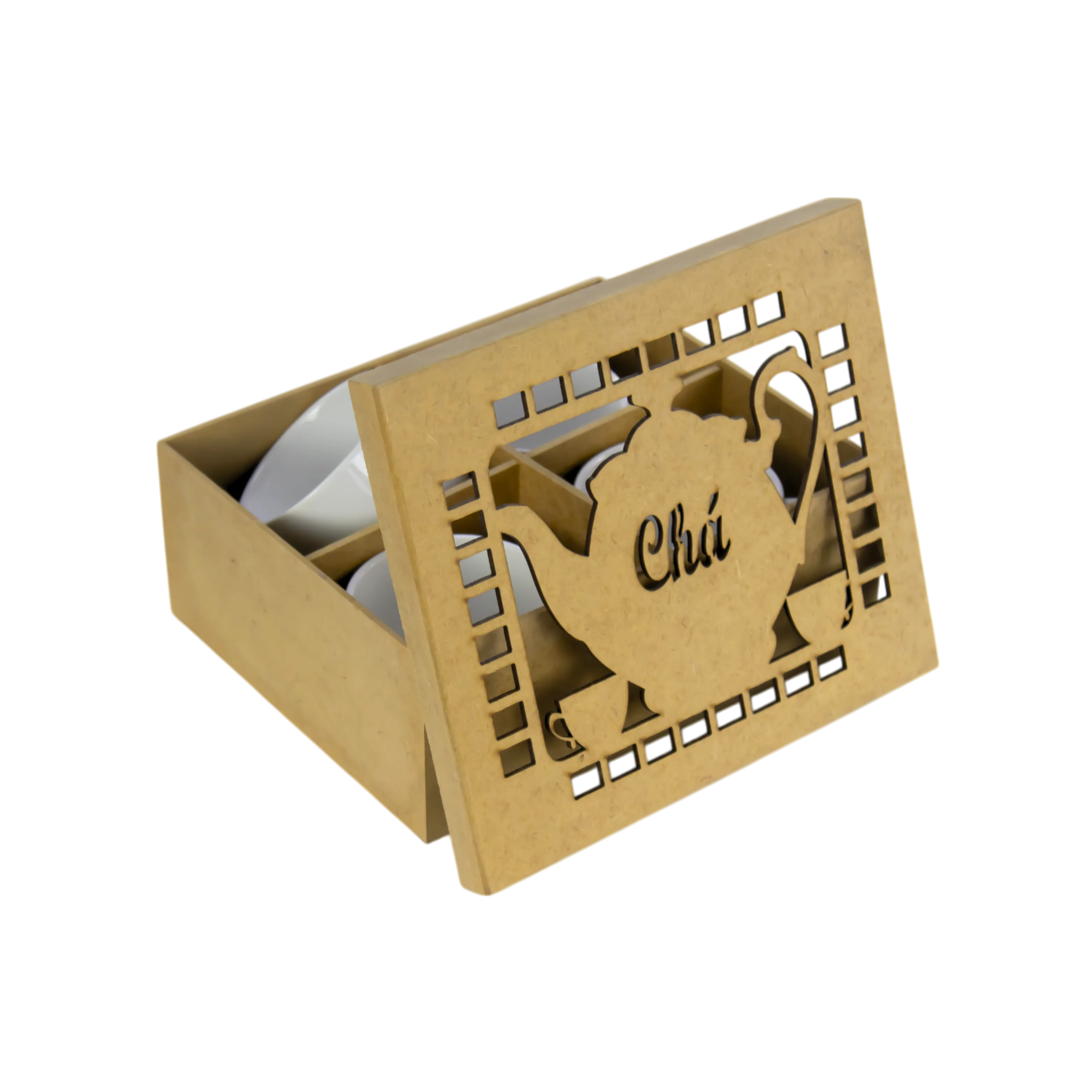 CAIXA MDF CRU COM JOGO DE 4 XÍCARAS CHÁ COLOR